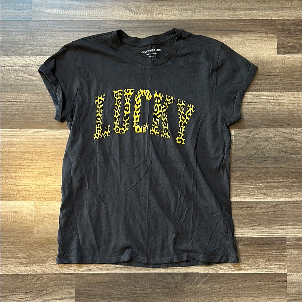 Lucky Brand Black T-Shirt with Yellow Leopard Print